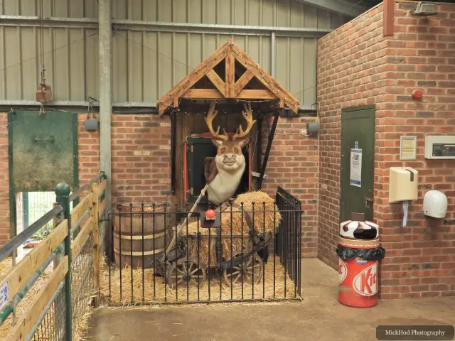 A view through the farm building shows an animal enclosure and feeding area.