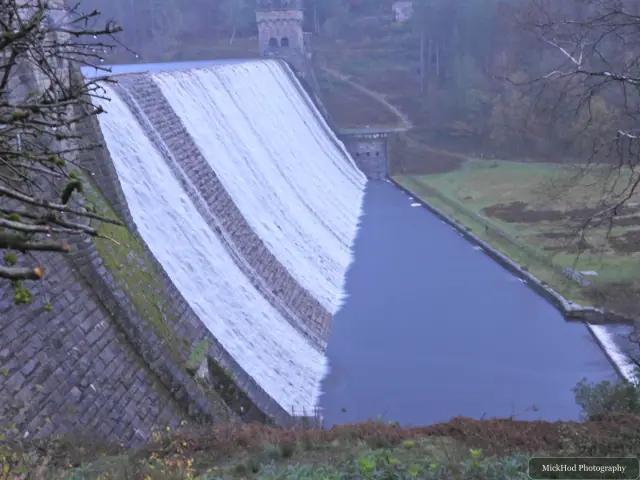 Havelock Dam's broad spillway carries water down into the reservoir channel.